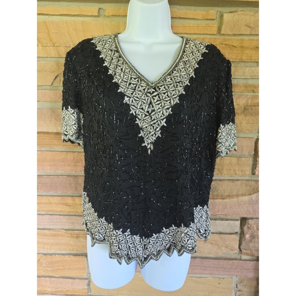 Vintage 80's Stenay Beaded Silk Top Cruise Cocktail Wedding  Formal Black L